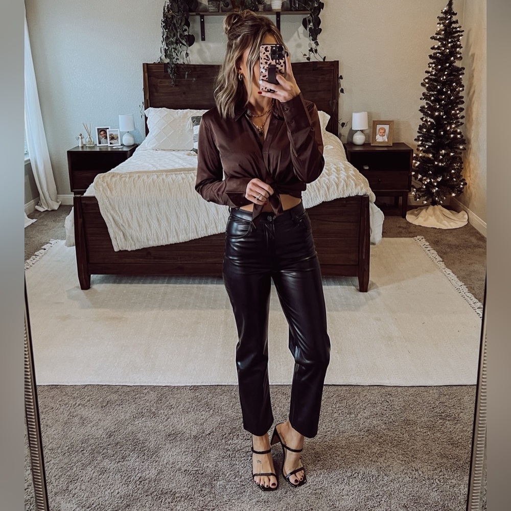 Abercrombie & Fitch Brown Satin Top with Black Faux Leather Pants